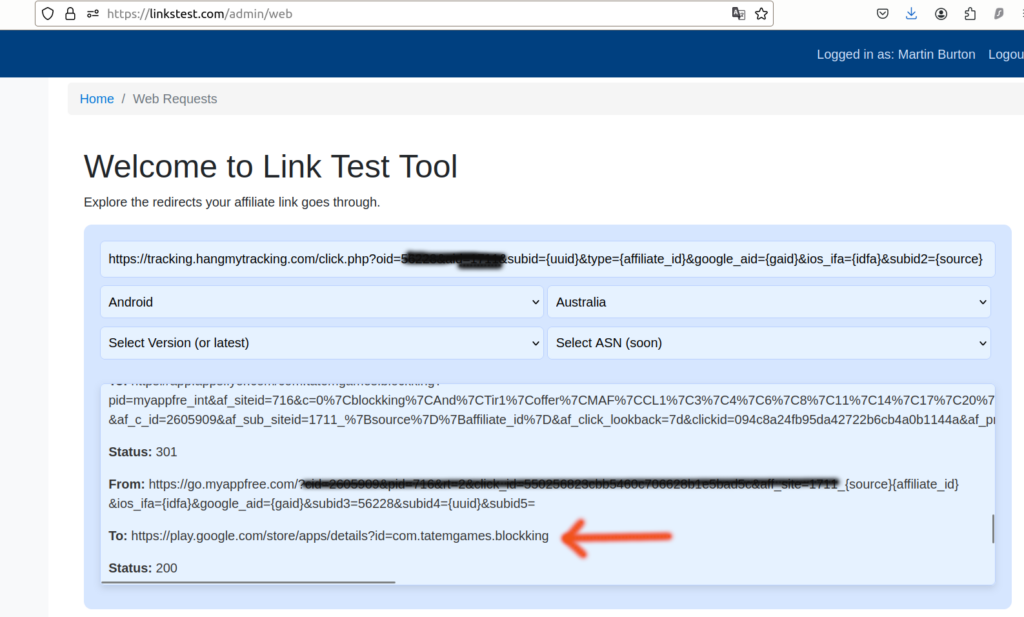 LinksTest.com results for an input link from Hang My Ads, analyzing all redirects and hops